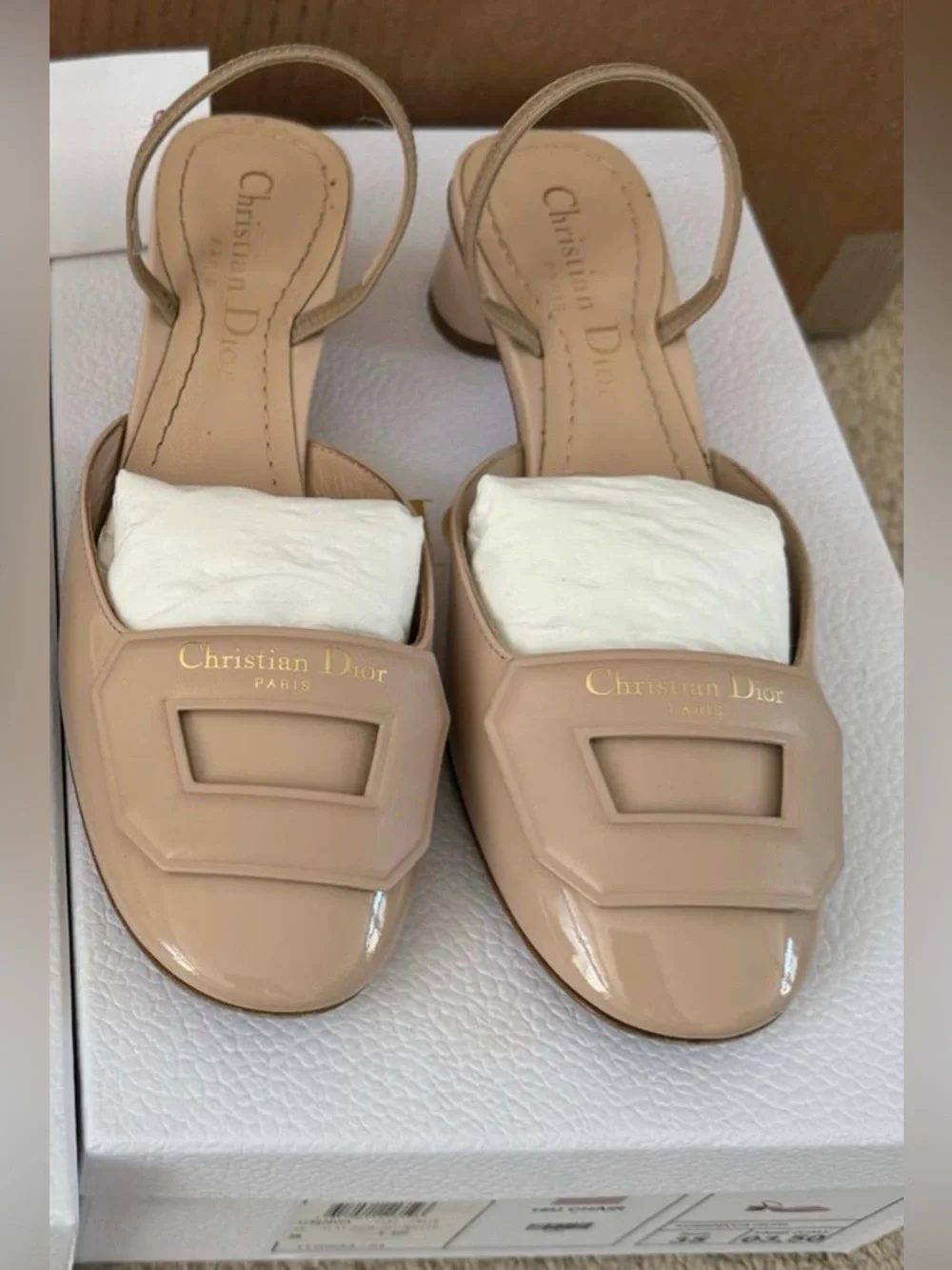 Dior Day Beige Patent Leather Slingback Loafers with Gold Logo - Picture 1 of 3